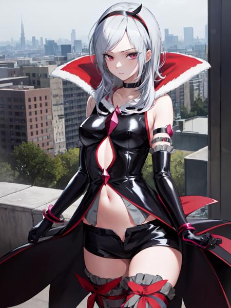 eas-sama headband, frilled thighhighs, armlet, shorts, black elbow gloves, stomach cutout, blesslet