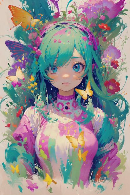 oboro,(( masterpiece, ultra-high quality)),( ultra detailed original illustration),( 1girl, upper body),(( harajuku fashion)),(( flowers with human eyes, flower eyes)), double exposure, fussion of fluid abstract art, glitch,( 2d),( original illustration composition),( fusion of limited color, maximalism artstyle, geometric artstyle, butterflies, junk art)
<lora:oboro-pynoiseloha-000008:1>