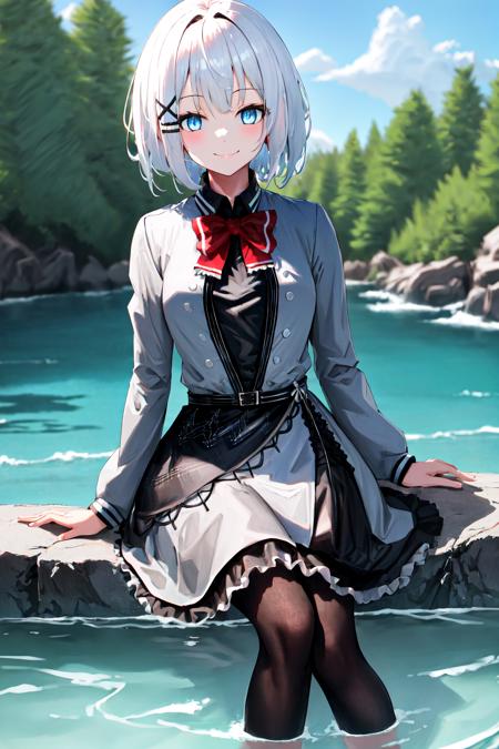 masterpiece, best quality, highres, 1girl white hair blue eyes x hair ornament, red bowtie black shirt grey jacket grey dress black skirt black belt frills black pantyhose <lora:siesta:1> sitting, wading, smile, looking at viewer, outdoors