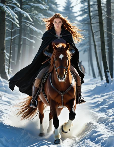 RAW full body image of a gorgeous 25 years old Gorgeous Viking Woman auburn haired, loose hair, <lora:NordicByNature:0.8>,Snow,Cloaked Warrior, A Viking woman riding a horse through deep snow, her fur,trimmed cloak billowing as she races toward battle.,photo Fantasy art combining the styles of Boris Vellejo and Luis Royo,Photorealistic, real photo, god rays, 1girl, 21yo,realistic, clear focus, high resolution image, (soft naural light), (rembrandt light), (soft shadows) ,Sexy pose, erotic pose, exhibitionism,