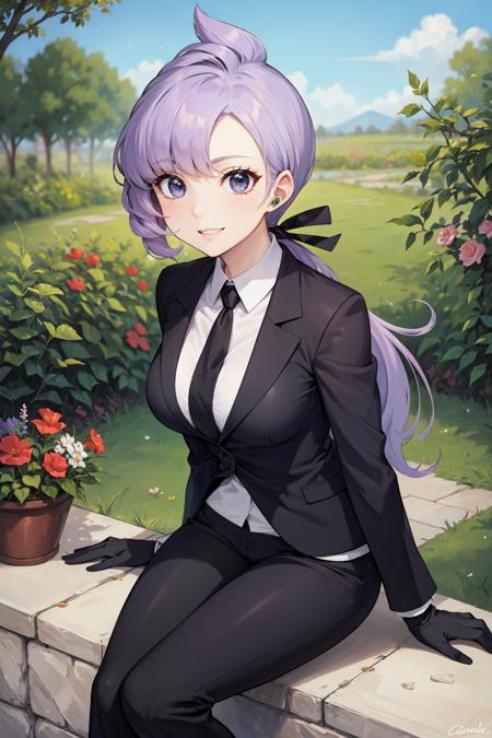 anabel, shirt, long hair, ponytail, long sleeves, ribbon, hair ribbon, jacket, white shirt, black gloves, necktie, pants, black jacket, black ribbon, black necktie, collared shirt, black pants, formal