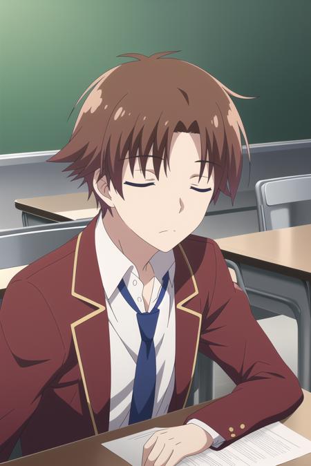 ayanokouji kiyotaka, 1boy, solo, male focus, brown hair, school uniform, white shirt, red jacket, blue necktie, looking at viewer, upper body, classroom, closed eyes, sitting,