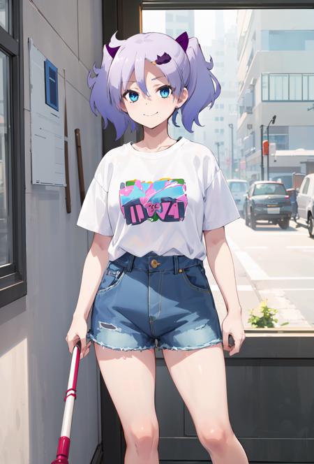 kaname, 1girl, solo, happy, closed mouth, <lora:kaname-000003:0.8>, (alternate costume), (White shirt:1.2), female shirt, shorts, denim shorts, short sleeves