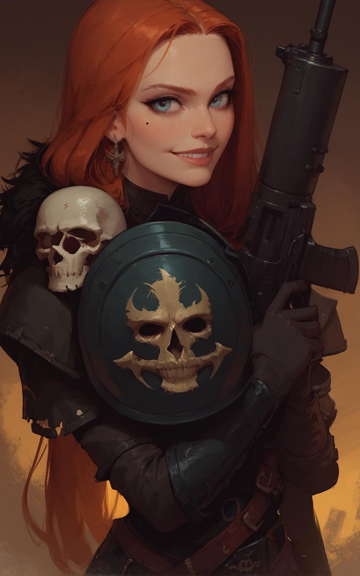 score_9, score_8_up, score_7_up, score_6_up, score_5_up, score_4_up, 1girl, 22yo, Warhammer girl, Warhammer armor, skulls, cute face, redhead, upper body, visible fingers, chin up, wide smile, happy, flirting, long hairs, armed with futuristic plasma gun
<lora:g0th1cPXL:0.35>, 
<lora:princess_xl_v1:0.75>, 
<lora:Expressive_H:0.65>, 
Expressiveh, 
<lora:incase-ilff-v3-4:0.5>