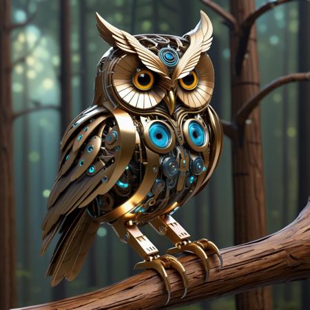 Create a detailed image of an owl with cybernetic enhancements. Its feathers blend seamlessly into metal plating, and its eyes are glowing with digital interfaces. The owl is perched on a solitary branch, its mechanical claws gripping the wood, and a small antenna protruding from its head, indicating advanced communication abilities.