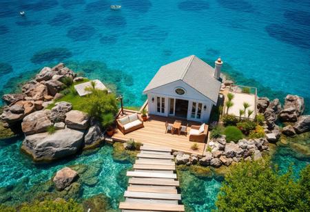 A dreamy summer house in the middle of crystal-clear water, surrounded by rocks and an entrance made from wooden stairs leading to it. The place is decorated with furniture and plants, creating a cozy atmosphere that makes you feel like lounging on the couch or sitting at your desk working. In spring, it's filled with lush greenery and colorful flowers, offering stunning views over the transparent blue waters. I can't believe how beautiful this scene is!
