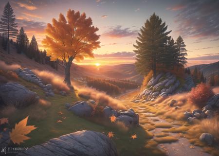 (Award Winning Photo:1.3), (masterpiece, Ultra-detailed, photorealistic, f/14, HDR:1.3), (highres,absurdres, mature adult), fantasy landscape, colorful trees, hills, sunset, wind, leaves blowing in the wind, rocks, 4k, 8k, 16k