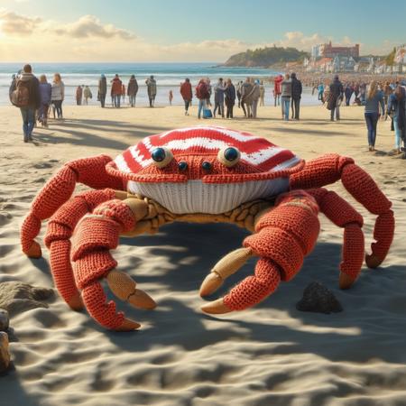 (A giant crab wearing a sweater), crowds, seaside, ChristmasSweater, beach, sunny day, photo realistic,