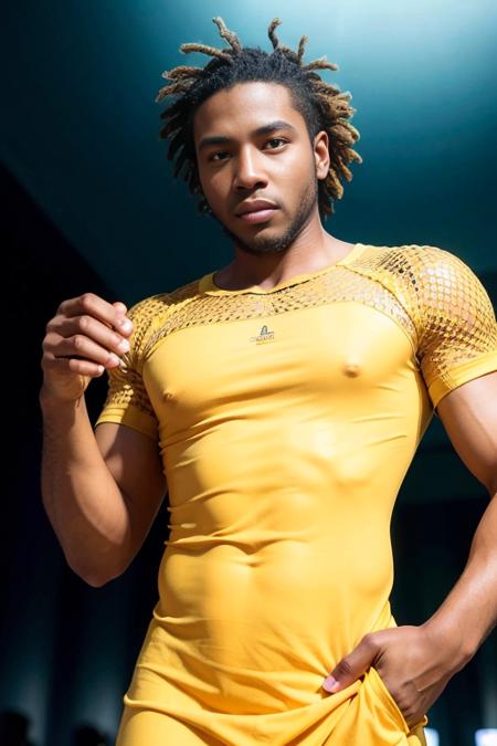 (short_dreads_hairstyle:1.3),man posing for a photo, wearing elegant, yellow dress,
good hand,4k, high-res, masterpiece, best quality, head:1.3,((Hasselblad photography)), finely detailed skin, sharp focus, (cinematic lighting), night, soft lighting, dynamic angle, [:(detailed face:1.2):0.2],(((futuristic city))),       <lora:short_dreads_hairstyle:0.5>