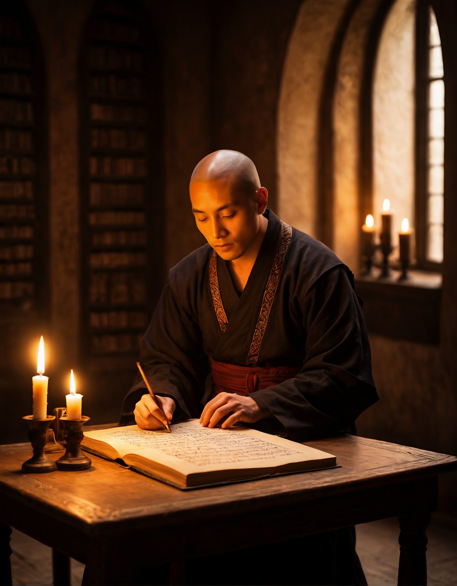 breathtaking photograph, In a medieval scriptorium, a novice monk carefully illuminates a manuscript, his table lit by the...