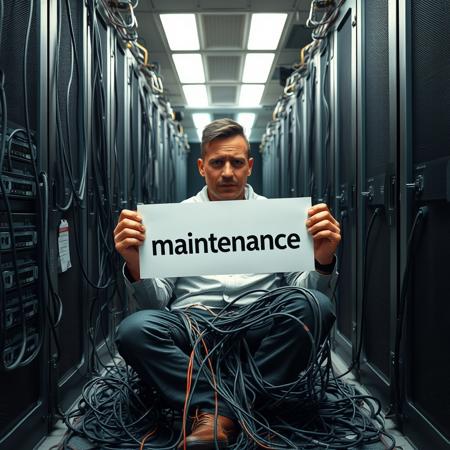 A server room, in the center a man sits with a desperate face and his body tangled in thousands of cables, the man holds a sign in his hands that says "maintenance"