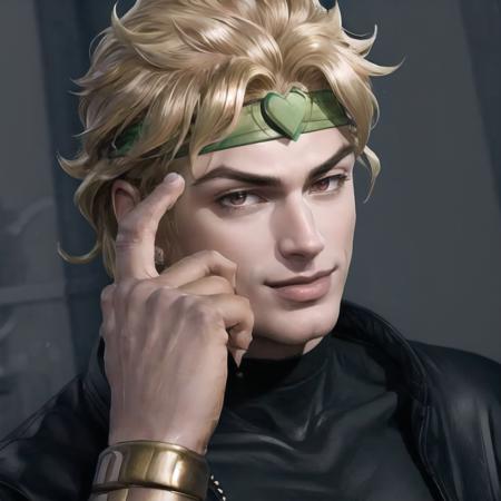 Highly detailed, High Quality, Masterpiece, beautiful, RollSafeMeme, <lora:RollSafeMeme:1>, 1boy, solo, upper body, dio, jacket, headband,  <lora:Char_Sigmas_Dio:0.9>