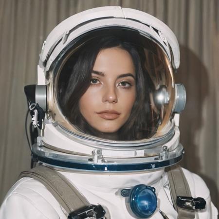 <lora:isabelamerced_xl_lora_30:1>  isabelamerced a beautiful  womananalog A half body Portrait of a beautiful 26 year old woman, focus on eyes, sexy stare, waring a nasa space suit