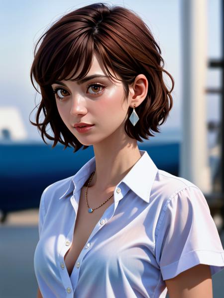 Realistic photo of a beautiful c4th3r1n3b woman,1girl,solo,short hair,brown hair,shirt,brown eyes,jewelry,closed mouth,white shirt,upper body,earrings,open clothes,blurry,lips,blurry background,blue shirt,realistic,nose,photo background, soft lighting, professional Photography, Photorealistic, detailed, RAW, analog, sharp focus, 8k, HD, high quality, masterpiece<lora:c4th3r1n3b:1.0>