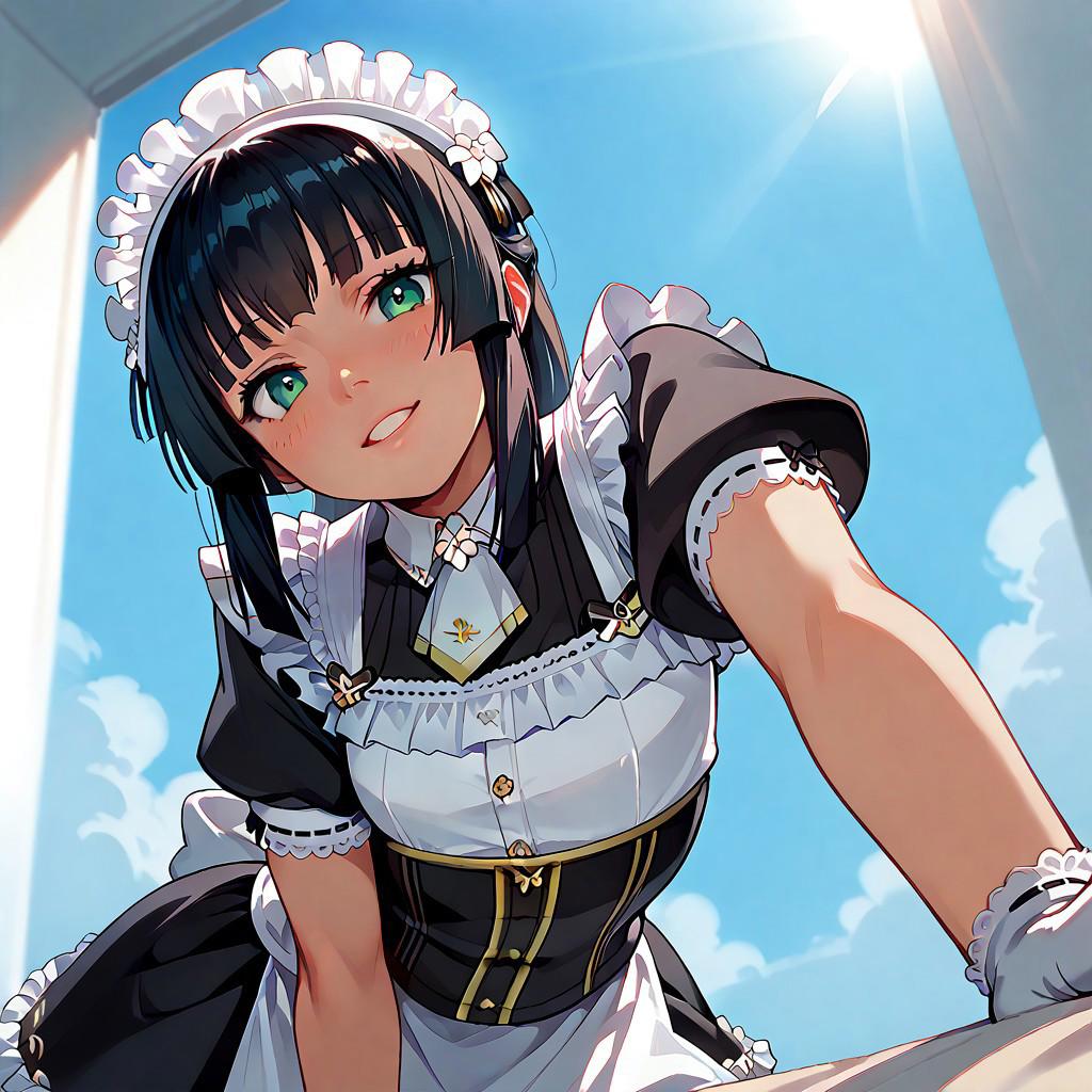 score_9, score_8_up, score_7_up, score_6_up, source_anime. zPDXL3, 1girl, solo, Mafuyu, Sofia maid outfit, Sofia maid headdress, Sofia maid gloves, looking at viewer, smile, leaning forward, bed sheet, window, sunlight, sunny, blue sky, cloud, pov, from below, backlighting