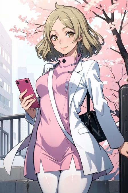 masterpiece, best quality, solo, 1girl, smile, looking at viewer,  <lora:Otome_Fp:1>, otomedesu2, nurse, labcoat, pantyhose, park, cellphone,