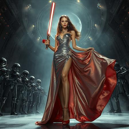 slender arrogant cold femme fatal russian princess wearing  rich  full skirt glossy silver foil  high slit gown, small size opulent glossy red  high heels, jewels, lace top stockings, elegant small light saber in her right hand,  red rose in her left hand, her lifted  long skirts are waiving, covered with ultrathin slime long veils,  posing standing, view from below,  evil grin, green eyes, lipstick, giant portal to outer space, fog from the floor, empire spaceship hangar, surrounded by halo odst troopers, TIE spaceships at the background, fashion look, hollywood, vogue makeup, porcelain skin, long haired, ultrathin waisym reminiscent of Lucas, Spielberg styles, with close-up glamour photography and dramatic lighting view from below,