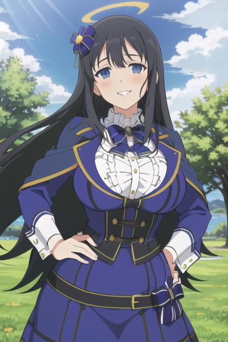 best quality, masterpiece, 1girl, ryouki \(senran kagura\), senran kagura, long hair, very long hair, black hair, blue eyes, breasts, large breasts, huge breasts, facing viewer, looking at viewer, pov, happy, grin, blush, halo, capelet, blue capelet, frills, frilled collar, bowtie, black bowtie, dress, blue dress, black dress, long dress, long sleeves, blue sleeves, gold trim, hair ornament, hair flower, frilled sleeves, pantyhose, dated, cowboy shot, outdoors, hand on hips, park, day, cloud, lake, simple background,