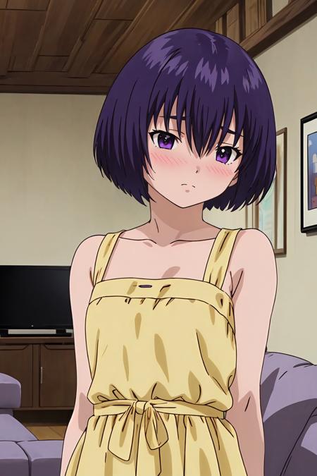 (masterpiece, best quality:1.2), highres, anime screencap, anime coloring, 1girl, solo, blush, 
Yui_Minamito, purple hair, short hair, bob cut, bangs, hair between eyes, purple eyes, 
yellow dress, bare shoulders, sleeveless, collarbone, 
indoors, living room, 
<lora:add_detail_CyberAlchemist:0.4>, <lora:GoodHands-beta2:0.8>, <lora:YuiMinamito-000010:1>