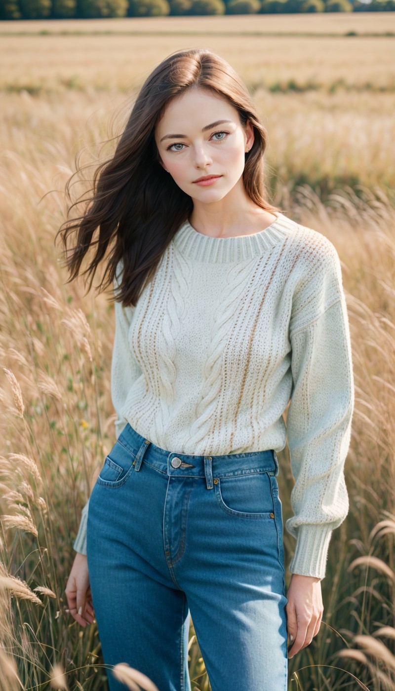 a perfect angle  photo of a mature woman, macfoy,  posing for the camera, wearing a sweater and denim pants,  in a field f...