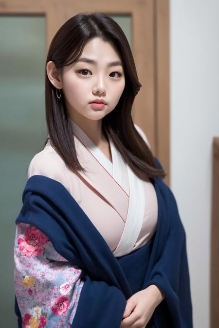 masterpiece, best quality,closed mouth, looking at viewer,  alluring, clean, beautiful face, pure face, pale skin, little smile, a woman in a kimono standing in a room with a door open and looking at the camera with a serious look on her face, with a serious look on her face