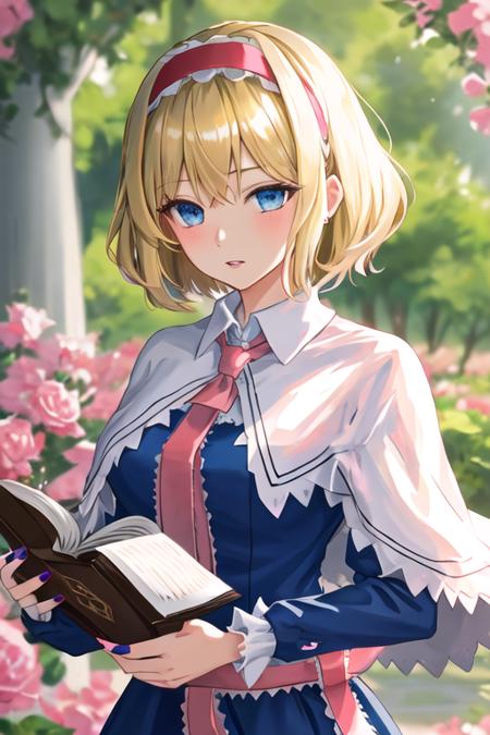 best quality, masterpiece, highres, solo, {alice_margatroid_touhou:1.15}, blonde_hair, short_hair, hairband, blue_eyes, capelet, 1girl, bangs, blue_dress, book, dress, hand_up, lolita_hairband, looking_at_viewer, necktie, pink_hairband, pink_necktie, white_capelet, grimoire_of_alice, holding, holding_book, parted_lips, pink_ribbon, blue_nails, blurry, nail_polish, ribbon, sash, upper_body