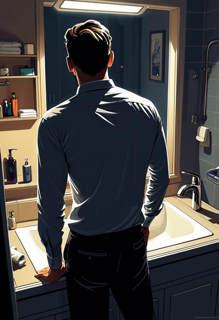 best quality, concept art, illustration,in style of syd mead,very detailed,high angle,rear view,fingers in hair,head tilt,
1man,solo,athletic,european,stubble,wearing long sleeve shirt,
scruffy crew cut,
night,low light,facing the sink,
standing in basic apartment bathroom,cramped room,sci-fi,
dim lights,cinematic,dramatic lighting,shadows