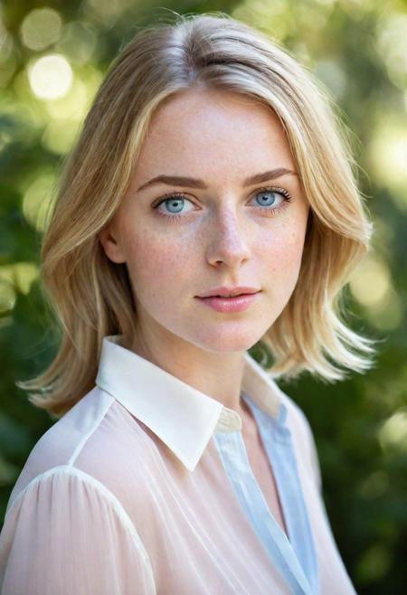portrait of a s0phia_n0texist with fair complexion and straight, shoulder-length blonde hair, lighting is soft and natural, gentle glow on her face, subtle bokeh effect in the background, pale pink skin tone with freackles, pale blue eyes, looking the camera with neutral expression. Wears a semi-transparent white blouse, light airy feel. Natural outdoor background, muted colors, warm tones palette of her skin and the soft whites of her blouse, juxtaposed against the cooler greens and natural browns of the background. gentle and organic, with the soft roundness of her face, the straight lines of her hair, blurred background, contemplative. Her eyes are of a light hue, possibly blue or light gray, characterized by a soft, introspective gaze. They are framed by light eyelashes that appear natural and understated. There's a clarity to her eyes that stands out against her fair skin, which shows a natural complexion with subtle variations in tone. Her skin exhibits a smooth texture with a porcelain quality, almost translucent under the soft light, which accentuates her delicate features. The sunlight seems to enhance the faintest freckles across the bridge of her nose, adding character to her visage. The lighting gives her skin a luminous quality, with a gentle interplay of light and shadow that outlines her facial structure without harsh contrasts.
