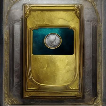 bct2,black and gold colour, card that looks like a bank vault, heroic fantasy style, black background, chest in the picture frame at the top, cloud texture text box at the bottom, coin symbol at the top right, shield symbol at the bottom left,  masterpiece, best quality,ððððð <lora:bct2_2080_basic:2.0> <lora:add_detail:1>