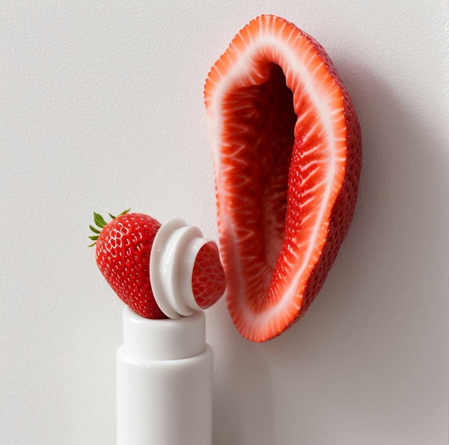 fleshlight detailed product in front of a white wall, orifice is shaped like a strawberry