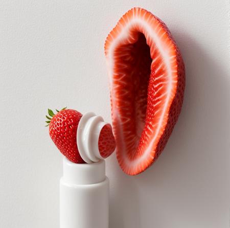 fleshlight detailed product in front of a white wall, orifice is shaped like a strawberry