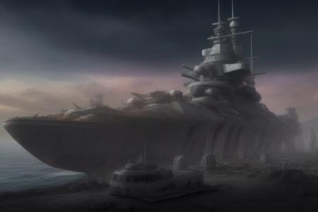 a space pirate battleship among the ruins of an advanced, futuristic city