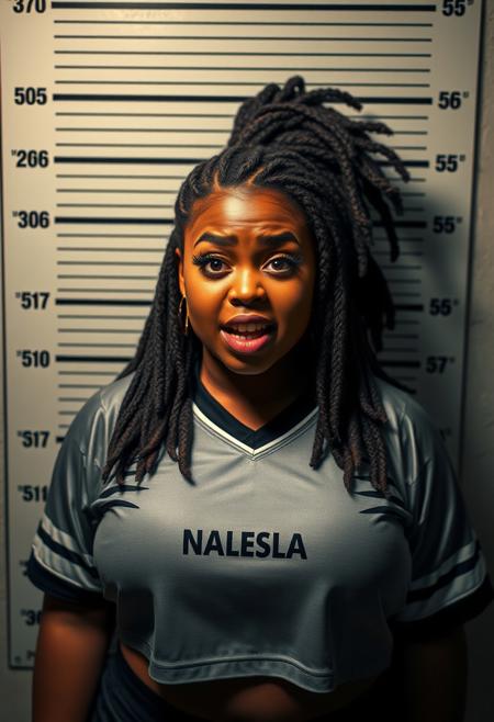 A striking and edgy digital artwork portraying a rebellious caramel skinned fat female character during a police mugshot. The character is depicted with a scared and frightened demeanor. She stands against the typical height chart background found in police stations, with her height marked on the wall behind her. The setting is gritty and urban, enhancing the overall rebellious vibe of the image.
She has soft, chubby features, emphasized by her big full hair styled in dreadlocks. Her chestnut eyes are bold and heavily lined with dark winged makeup, adding concern to her already apologetic expression. Her high cheekbones and defined jawline are highlighted by the shadowing, making her appearance even more striking. She has wide toothy smile. 
She is dressed in a cropped Silver and Black football jersey, giving her an innocent girl next door aesthetic. 
The image is a perfect blend of punk, rebellion, and dark humor, encapsulating the character's defiant and fearless attitude