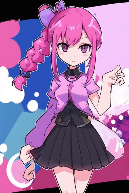 <lora:pantyAndStocking_v1:0.7>
1girl,solo, 
<lora:SSRHM_V10:0.9>,SSRHM,pink jaket,black skirt,pink hair,pink eyes,side braid, hair bow