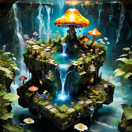 enchanted Rubik's cube, each square a fantastical miniature world, (floating islands with waterfalls:1.2), (crystal caves glowing with bioluminescence:1.2), (ancient overgrown ruins:1.2), (whimsical mushroom forests:1.2), (dragons soaring through the sky:1.2), (fairies flitting among flowers:1.2), magical light, vibrant colors, ethereal atmosphere