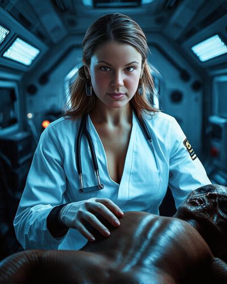a hyperrealistic image with extreme details of a female doctor with very small breasts doing an autopsy on a alien body on a spaceship.  She is looking right at the camera and making eye contact with the viewer with a serious face.  The doctor is wearing a surgical space outfit showing just a small hint of cleavage. Bright lighting.