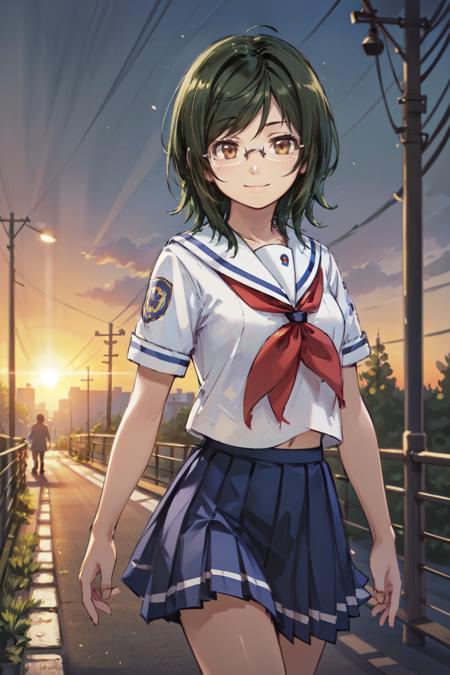 looking at viewer, smile, 
1girl, solo, nmmck, short hair, green hair, brown eyes,  glasses, 
school uniform, serafuku, white collar,  red neckerchief,
walking, street, sunset, 
 <lora:machiko-3-000006:0.8>,  <lora:flat2:0.3>, <lora:add_detail:0.5>