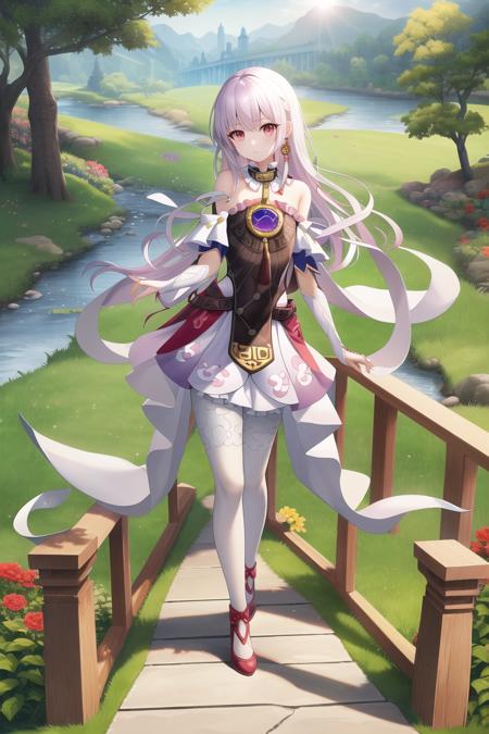 masterpiece,best quality,1girl,solo,white hair,red eyes,long hair,standing,white legwear,dress,detached sleeves,pantyhose,white dress,bare shoulders,china clothes,choker,high heels,jewelry,white gloves,neck ring,tassel,frills,skirt,bridge,river,flower,tree,sunshine,grass,<lora:clothes_fuxuan_costume_v1-000016:1>,