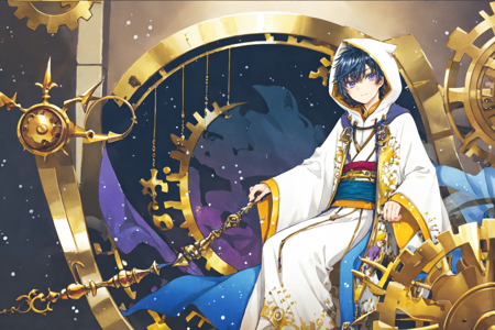 best quality, masterpiece, extremely detailed, detailed background, 1boy, male focus, staff, solo, purple eyes, looking at viewer, gears, sitting, blue hair, robe, long hair, moon, hood, wide sleeves, black hair, jewelry, long sleeves, white robe