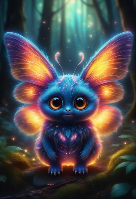 hyper detailed, 4k, masterpiece, Fantasy digital painting featuring a fluffy, round-eyed, adorably cute butterfly creature with bright radiant, fiery, multicolored skin emitting gentle sparks, set against a dark, enchanted forest floor glowing with a warm, ethereal light, tiny luminous particles floating around, creating a magical and whimsical atmosphere in a softly focused, dreamlike environment under a backdrop of soft golden illumination highlighting the creature's iridescent plumes and circular eyes sparkling with wonder.