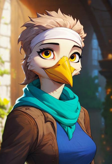 score_9, score_8_up, score_8, score_7_up, score_7, HD, male focus, solo, close up portrait, fantasy, medieval town background, (dynamic lighting:1.1), ((masterpiece)), vox machine style, anthro bird, cuckoo, medium breasts, detailed feathers, athletic female, blue tank top, ((turquoise scarf)), ((white headband)), beige feathers, beige hair, medium hair, (spiky hair:1.3), (yellow beak), straight beak, small beak, yellow eyes,