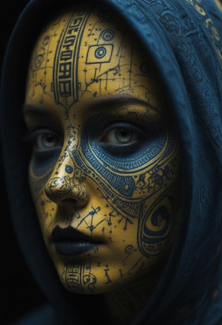 A close-up of a face adorned with intricate black and blue patterns. The left side of the face is predominantly yellow, with symbols and doodles, while the right side is dark, featuring mechanical elements. The eye on the left is a striking shade of yellow, contrasting sharply with the surrounding patterns. The face is partially covered by a hooded garment, cinematic_1940s cinematic_octane