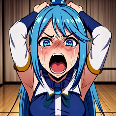 <lora:LCM_LoRA_Weights_SD15:1>,masterpiece,best quality,highly detailed,1girl,solo,scared,panicking,constricted pupils,screaming,raised eyebrows,wide-eyed,crying,tears,
<lora:aqua_konosuba-000035:0.7>,aqua \(konosuba\),1girl,blue eyes,blue hair,breasts,bubble,detached sleeves,hair ornament,hair rings,long hair,single hair ring,
BREAK
<lora:malevolentFaceEnd:0.4>,crying,frown,screaming,tearing up,trembeling,uvula,arms up,(((emphasis lines,@ @, wide-eyed,constricted pupils,streaming tears,crazy eyes))),leaning back,full-face blush,office,office floor,upper body, close-up,