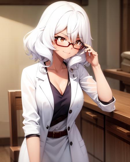 <lora:Altria_Grem_V2:0.8>
1girl, solo, Altria Grem, wearing white lab coat, adjusting glasses, smug