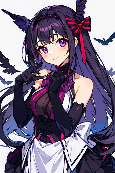 <lora:TrNyteal:0.8>1girl, dress, solo, gloves, akemi homura, long hair, elbow gloves, akuma homura, black gloves, looking at viewer, smile, purple eyes, bangs, black dress, bow, black hair, bare shoulders, wings, hair bow, ribbon, purple hair