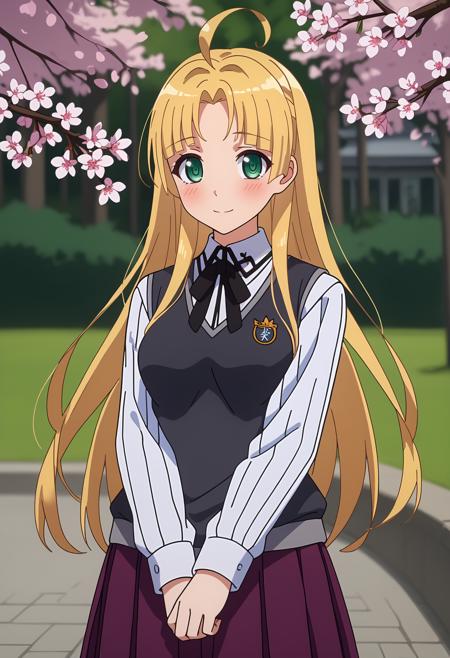 long hair, blonde hair, green eyes, parted bangs, blunt bangs, ahoge AsiaSchool, sweater vest, grey vest, striped shirt, white shirt, neck ribbon, black ribbon, long sleeves, pleated skirt, purple skirt AsiaDress, green dress, neck ribbon, frilled collar, wide sleeves, green skirt, brown belt