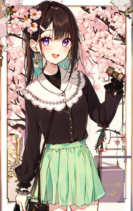 1girl, :d, bag, bangs, black_shirt, blush, border, brown_hair, cherry_blossoms, cowboy_shot, earrings, eyebrows_visible_through_hair, flower, flower_earrings, handbag, jewelry, long_hair, long_sleeves, looking_at_viewer, open_mouth, purple_eyes, shirt, shoulder_bag, skirt, smile, solo, watch, white_skirt, wristwatch <lora:style_Akakura:1>