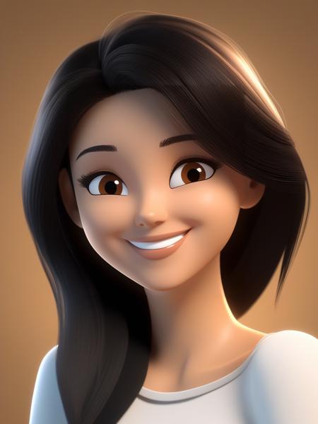 3d, A young brunette woman with light brown eyes, black hair, looking while smiling, displaying a lovely smile, tears welling up in her eyes,