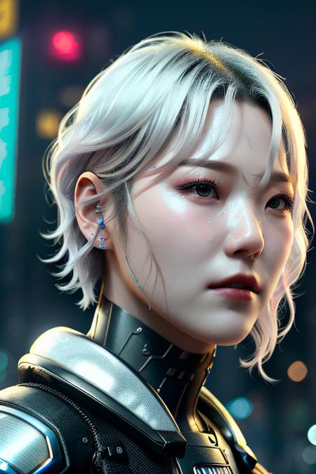 close-up rendering of fromisjiheon with short silver hair wearing cyberpunk suit, on the cyberpunk city street, ultra detailed, hyper realistic detail shiny skin, beautiful detailed stunning deep eyes, <lora:fromisjiheon23-dreambooth-v1:1>