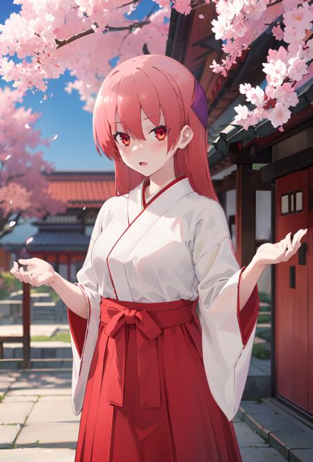 tsukasa, 1girl, solo, <lora:[Anime] Tsukasa Tokinawa A:0.8>, (masterpiece:1.2), (best quality:1.15), extremely detailed, perfect lighting, japanese temple background, cherry blossoms,, hakama, (red hakama skirt:1.2), (white hakama shirt:1.2), hakama ribbon, (alternate costume:1.2)